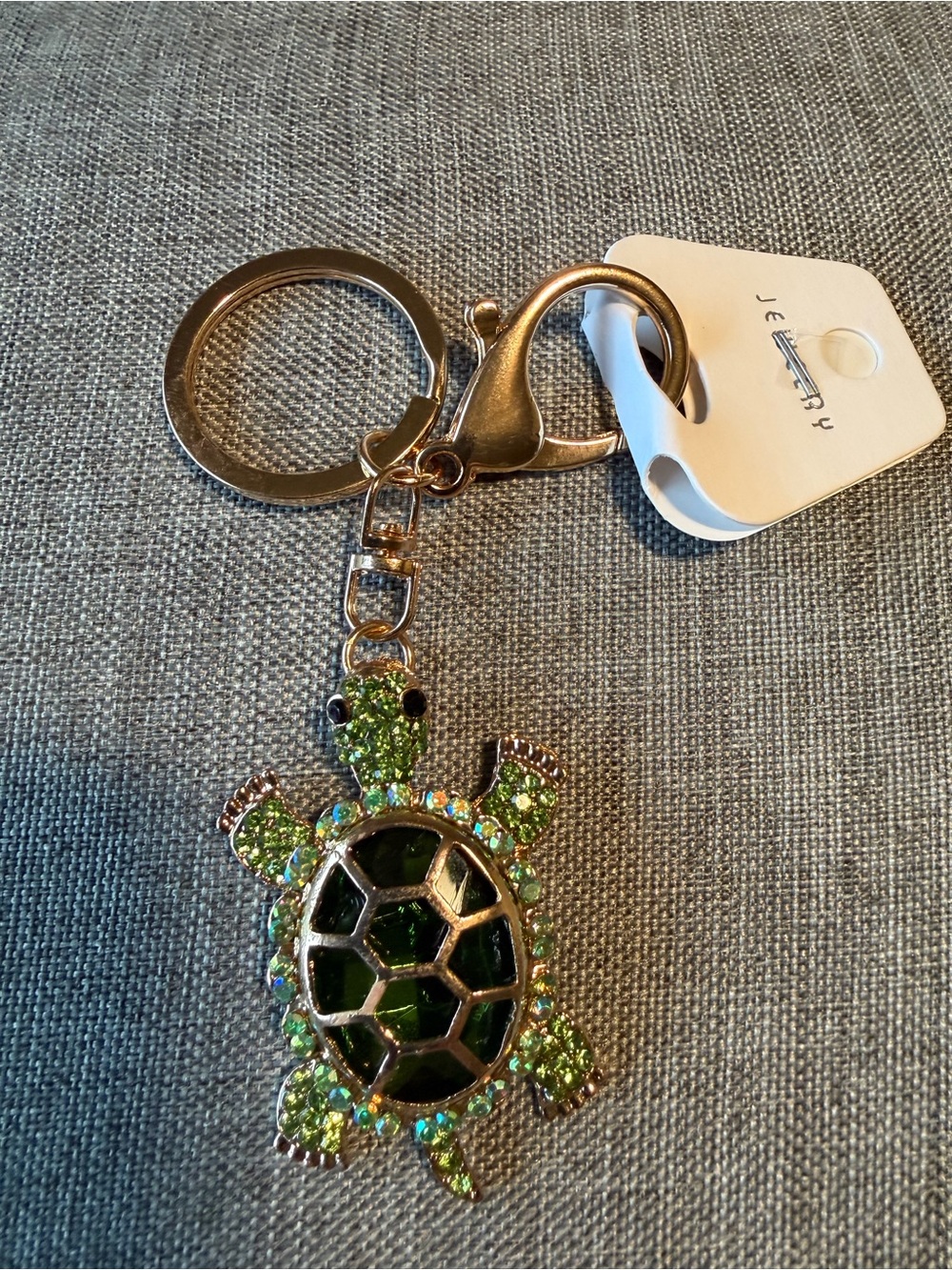 Gold Turtle Keychain with Green Crystal Accents